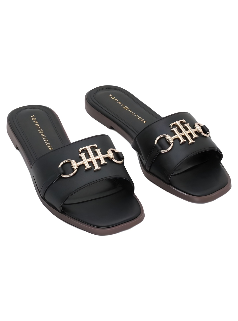 Tommy Hilfiger Pipper Black Faux Leather Slide Sandals Size 6.5M